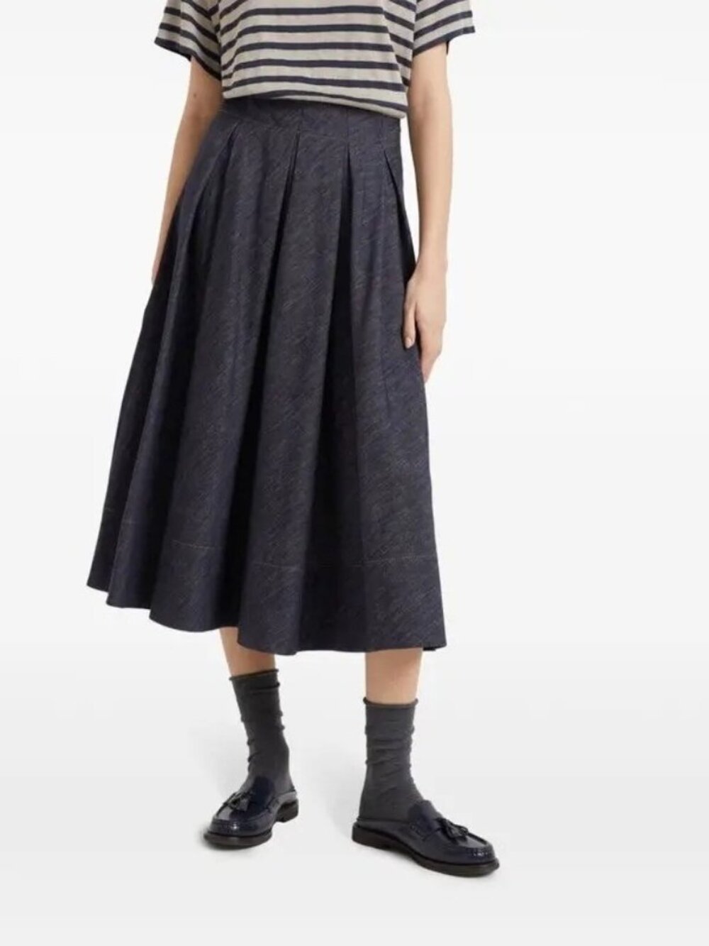 Brunello Cucinelli US 6 Pleated Denim Midi Skirt Quiet Luxury